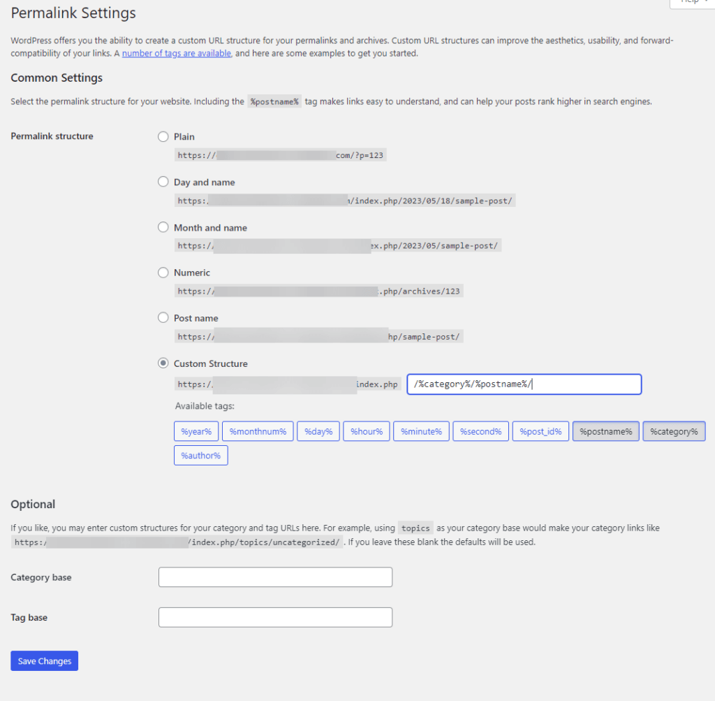 impostazioni della struttura del permalink