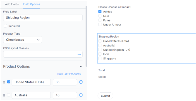 Fügen Sie dem Formular Versandregionen hinzu Add shipping regions to form