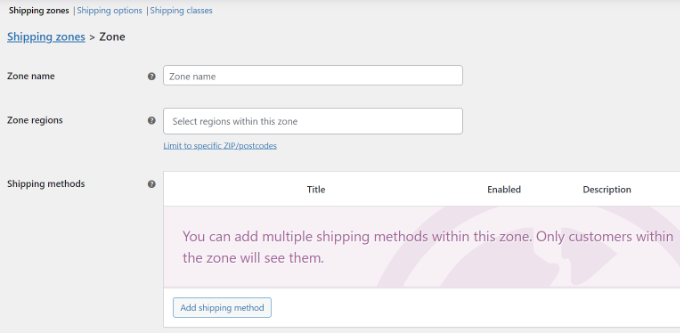 Geben Sie die Details zur Versandzone ein Enter shipping zone details