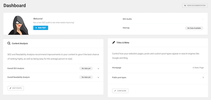 Le tableau de bord SmartCrawl SEO The SmartCrawl SEO dashboard