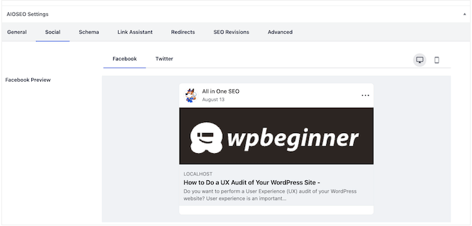 Paramètres sociaux Twitter et Facebook d'AIOSEO AIOSEO's Twitter and Facebook social settings