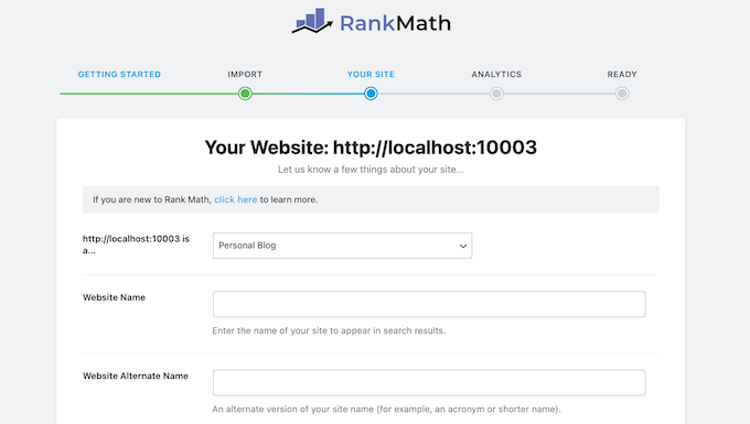 L'assistant de configuration de Rank Math The Rank Math setup wizard