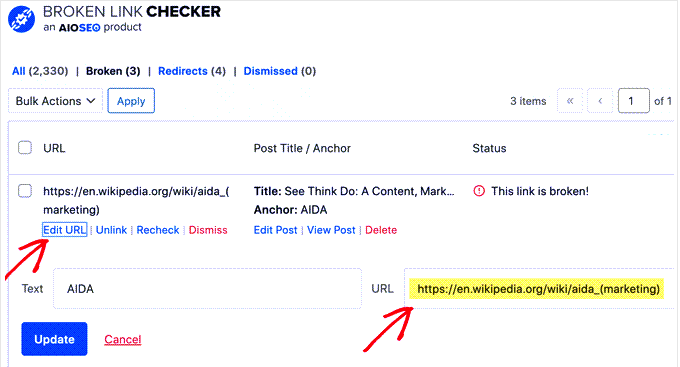 Réparer les URL cassées dans WordPress à l'aide d'AIOSEO Fixing broken URLs in WordPress using AIOSEO