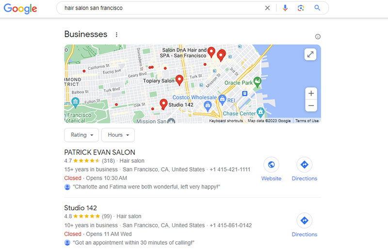 peluquería san francisco google SERP