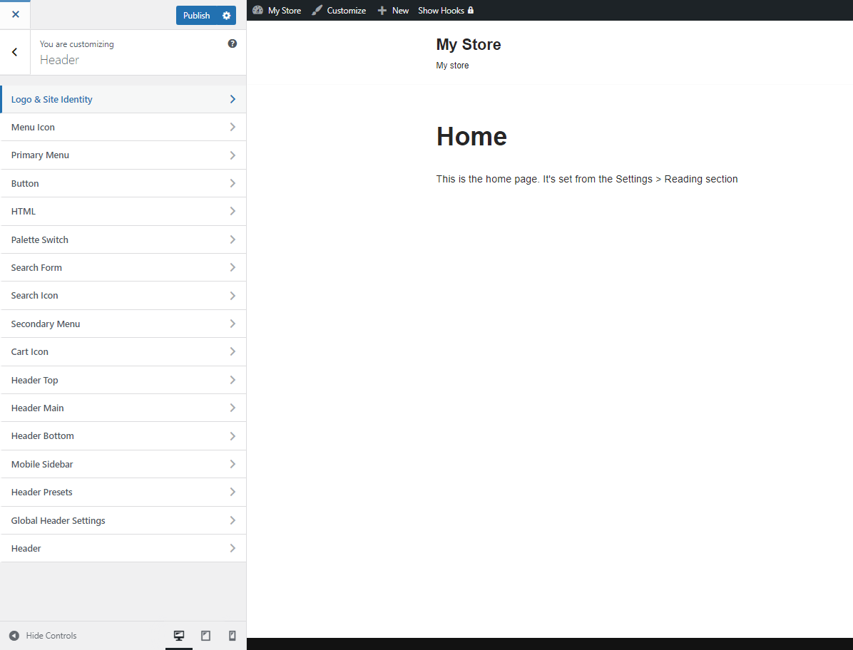Penyesuai WordPress dengan pengaturan Neve terlihat di sidebar.