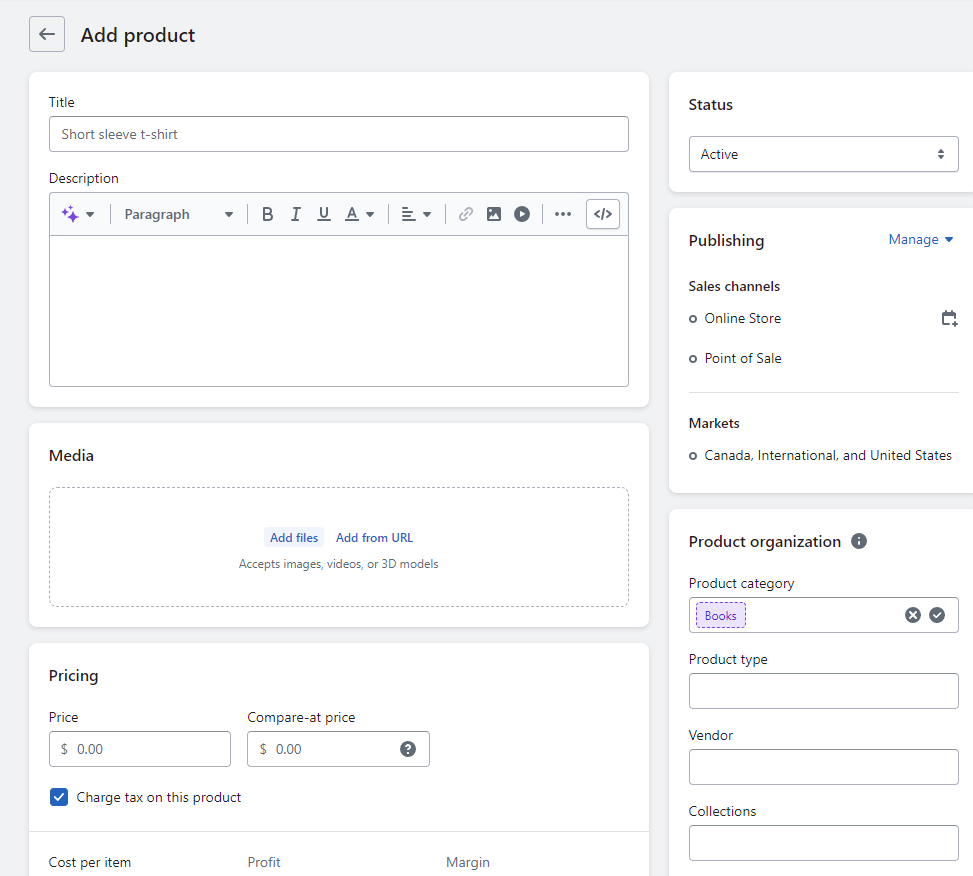 Area penyiapan produk Shopify untuk perbandingan Shopify vs WooCommerce.