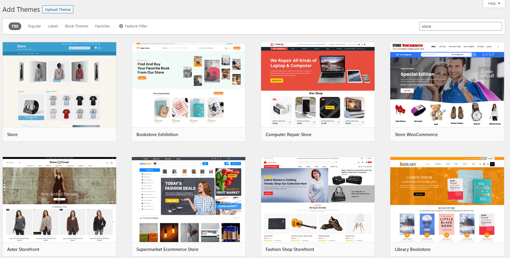 Hasil pencarian perpustakaan tema WordPress untuk "toko", untuk perbandingan Shopify vs WooCommerce.