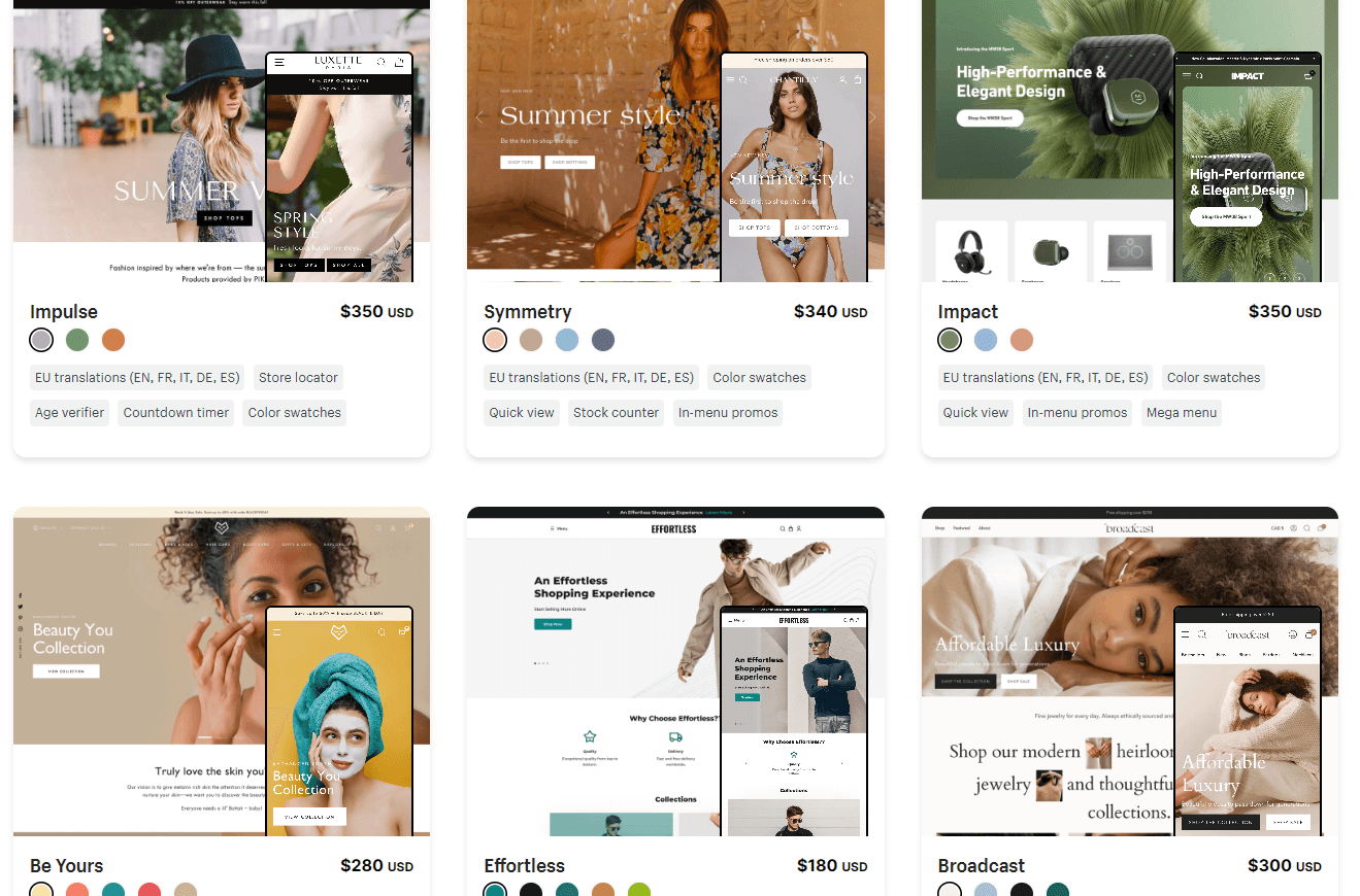 Contoh tema premium dari Shopify untuk perbandingan Shopify vs WooCommerce.