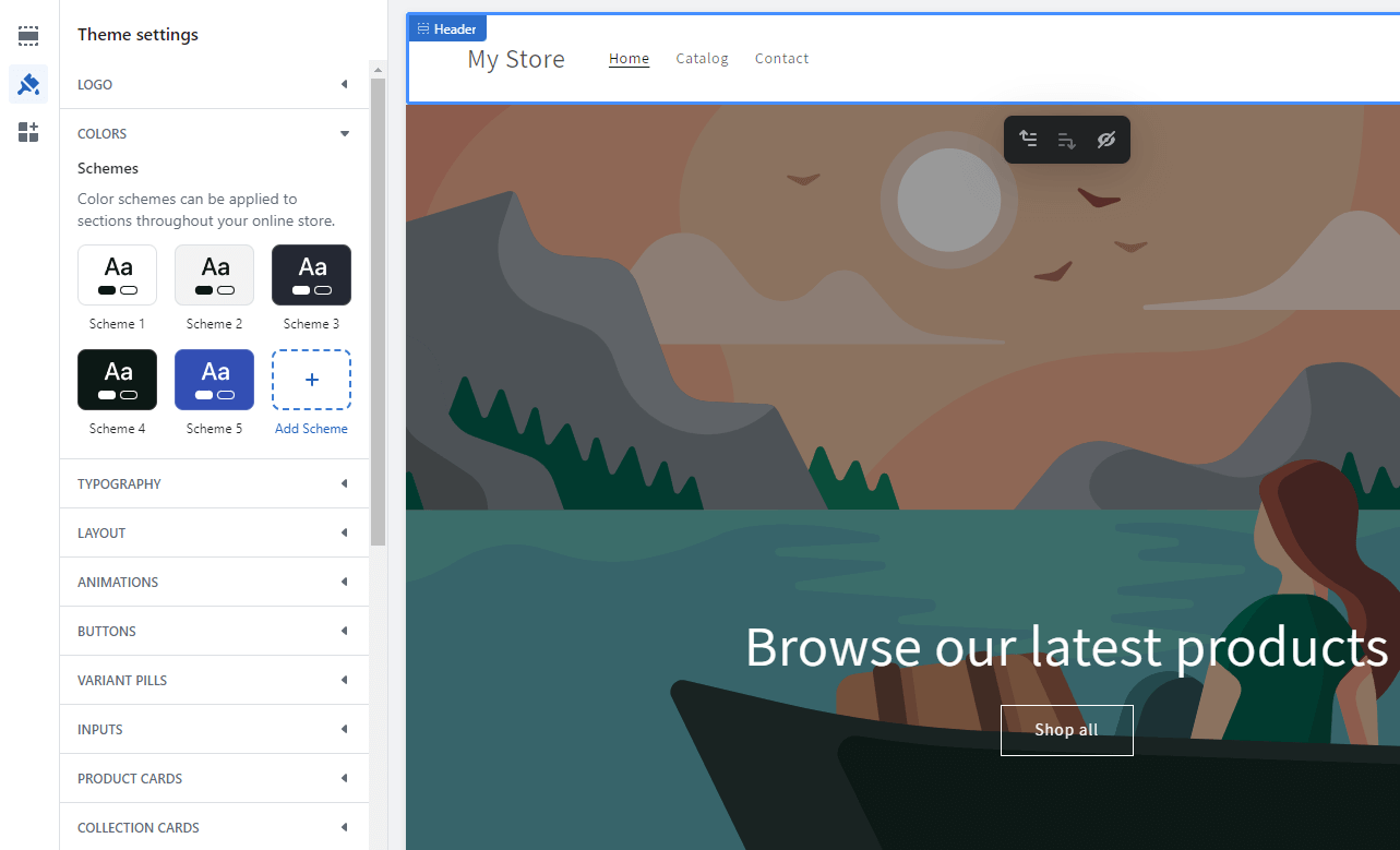 Pengaturan tema Shopify dengan area "Warna" terbuka.