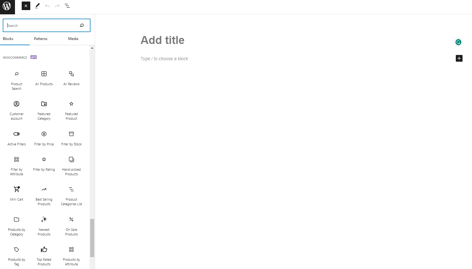 Editor WordPress dengan blok WooCommerce terbuka.