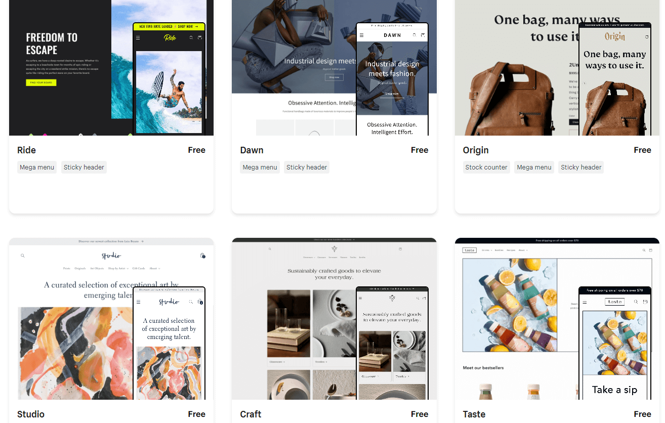 Tema gratis dari Shopify, contoh perbandingan Shopify vs WooCommerce.