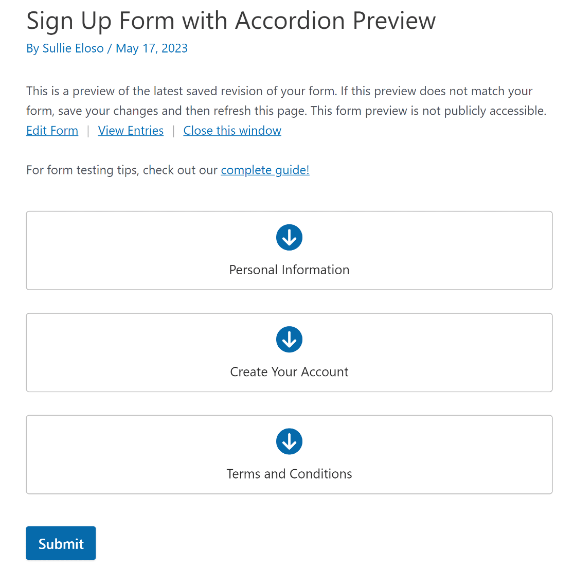 Sign up form with accordion preview