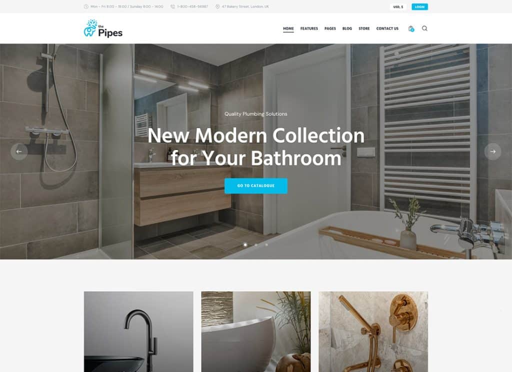 The Pipes - Tema WordPress Toko Layanan Plumbing dan Peralatan Bangunan