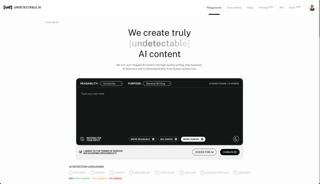 page d'accueil IA indétectable