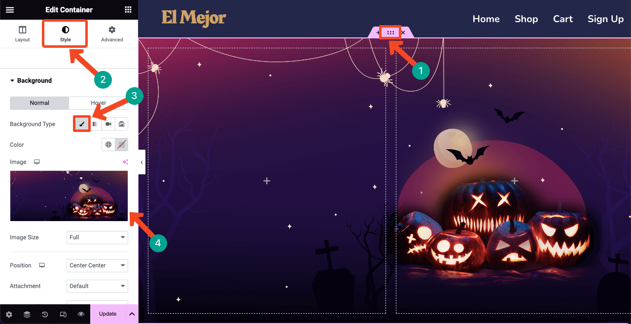 素晴らしいハロウィン ランディング ページのアイデアを使ってハロウィン Web ページをデザインする方法 8 Add a background image to the Helloween welcome section