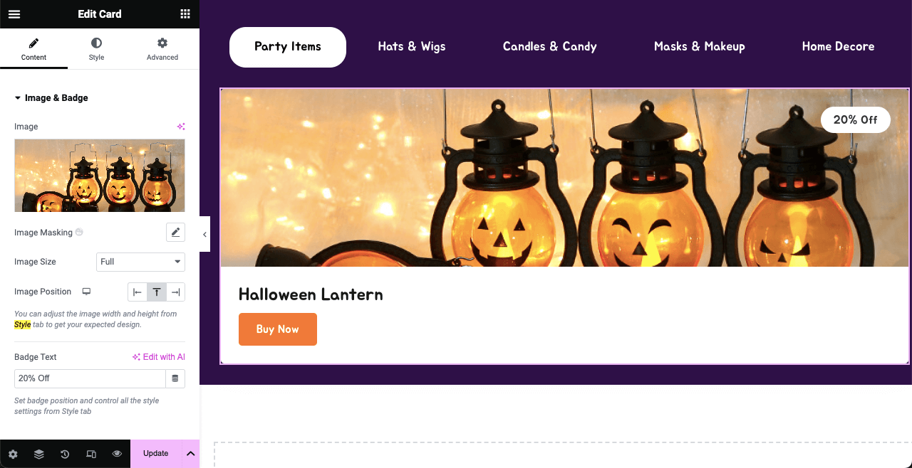 素晴らしいハロウィン ランディング ページのアイデアを使ってハロウィン Web ページをデザインする方法 14 Add product image, dicount percentage, and buying button