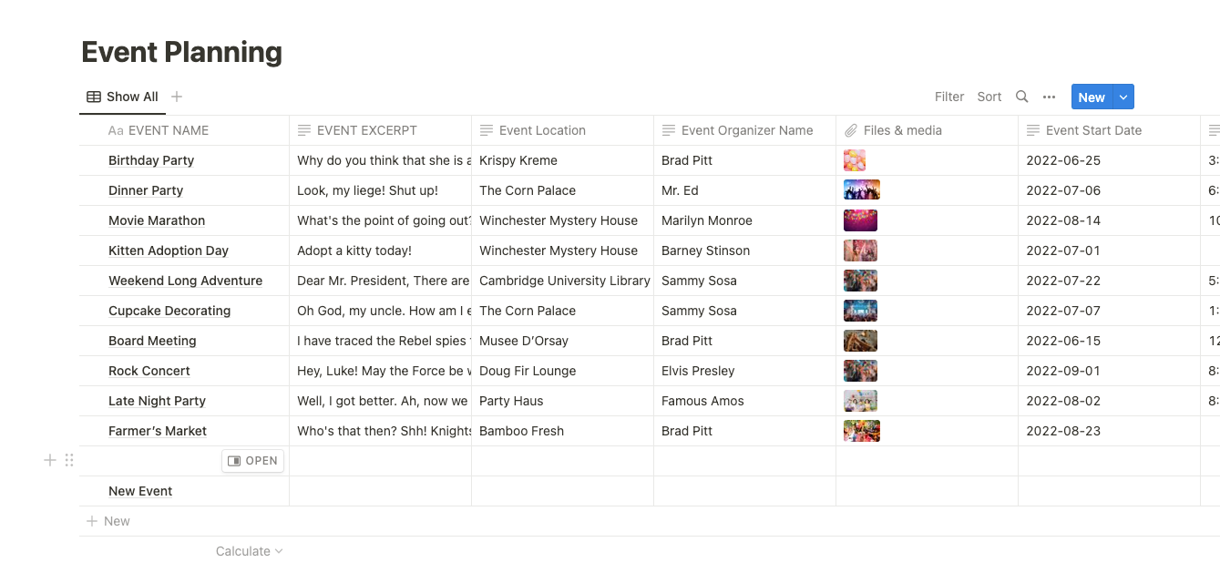 Notion'daki Etkinlik Veritabanı