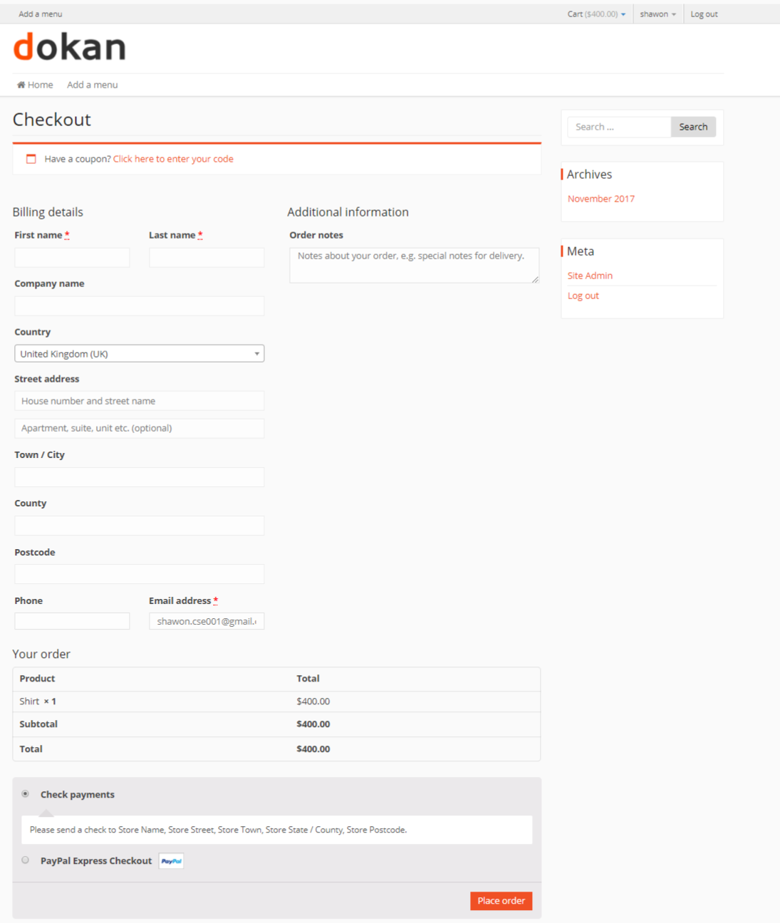 これは WooCommerce のデフォルトのチェックアウト ページのスクリーンショットです