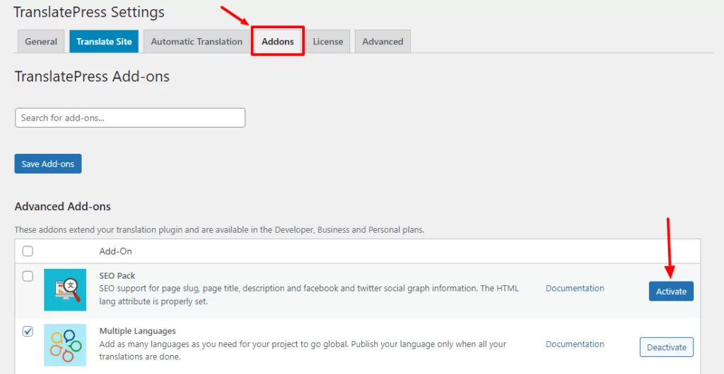 activer le module complémentaire de référencement Translatepress