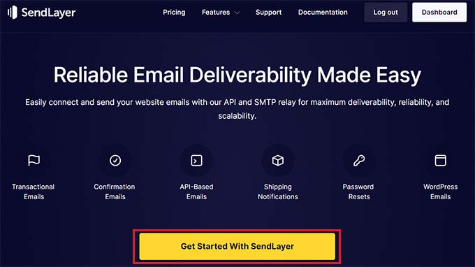 Fare clic sul pulsante Inizia con SendLayer Click Get Started with SendLayer button