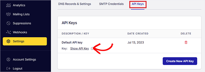 Copia la chiave API SendLayer Copy the SendLayer API key