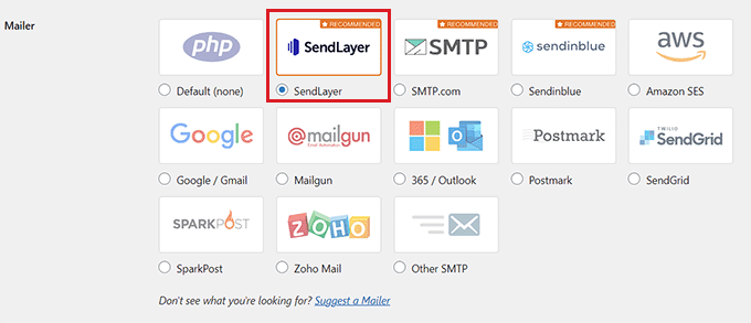 Scegli SendLayer come mailer Choose SendLayer as the mailer