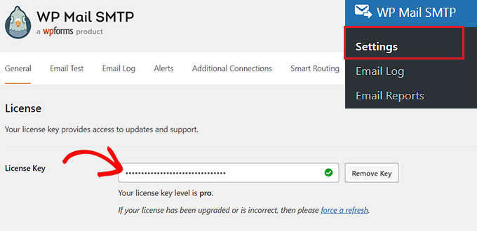 Digita la chiave di licenza SMTP di WP Mail nel campo Type your WP Mail SMTP license key into the field