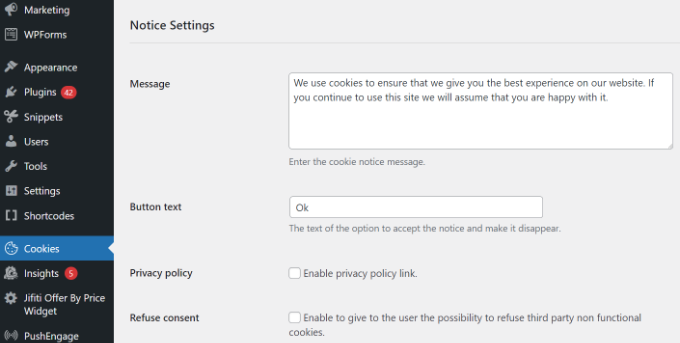 Editar mensaje de aviso de cookies Edit cookie notice message