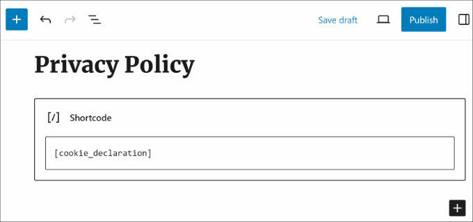 Ingrese el código corto de declaración de cookies Enter cookie declaration shortcode