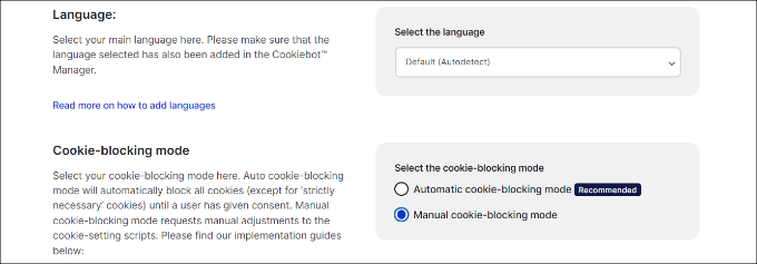 Seleccione la configuración de idioma y bloqueo de cookies Select language and cookie blocking settings