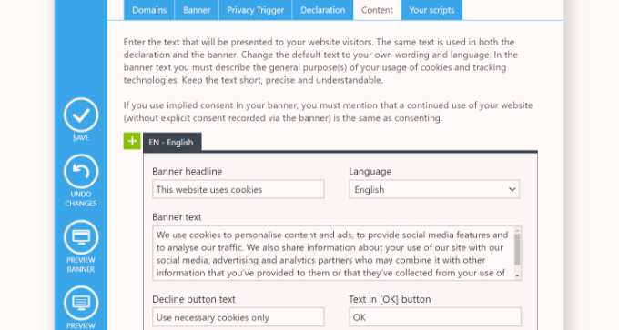 Editar el contenido del aviso de cookies Edit content of cookie notice