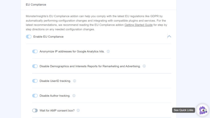 Ver configuración de cumplimiento View EU compliance settings in MonsterInsights