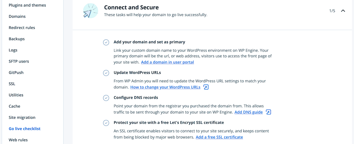 WP Engine sitesi başlatma kontrol listesi
