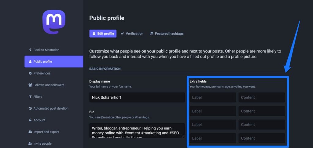 mastodon profili ekstra alanları