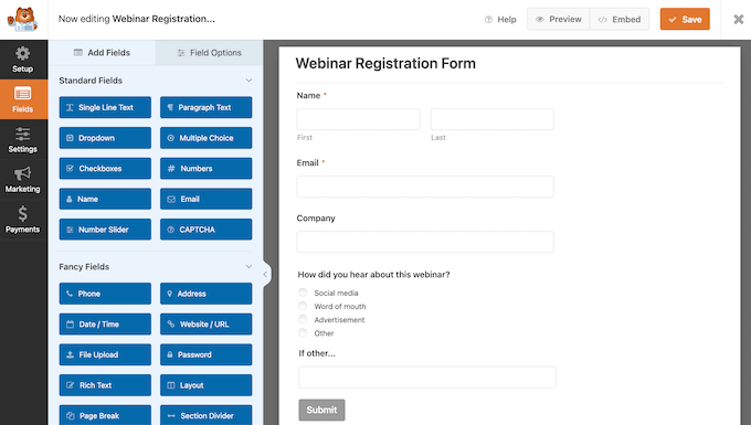 Ajout d'un formulaire d'inscription à un webinaire à un site Web ou un blog à l'aide de WPForms Adding a webinar registration form to a website or blog using WPForms