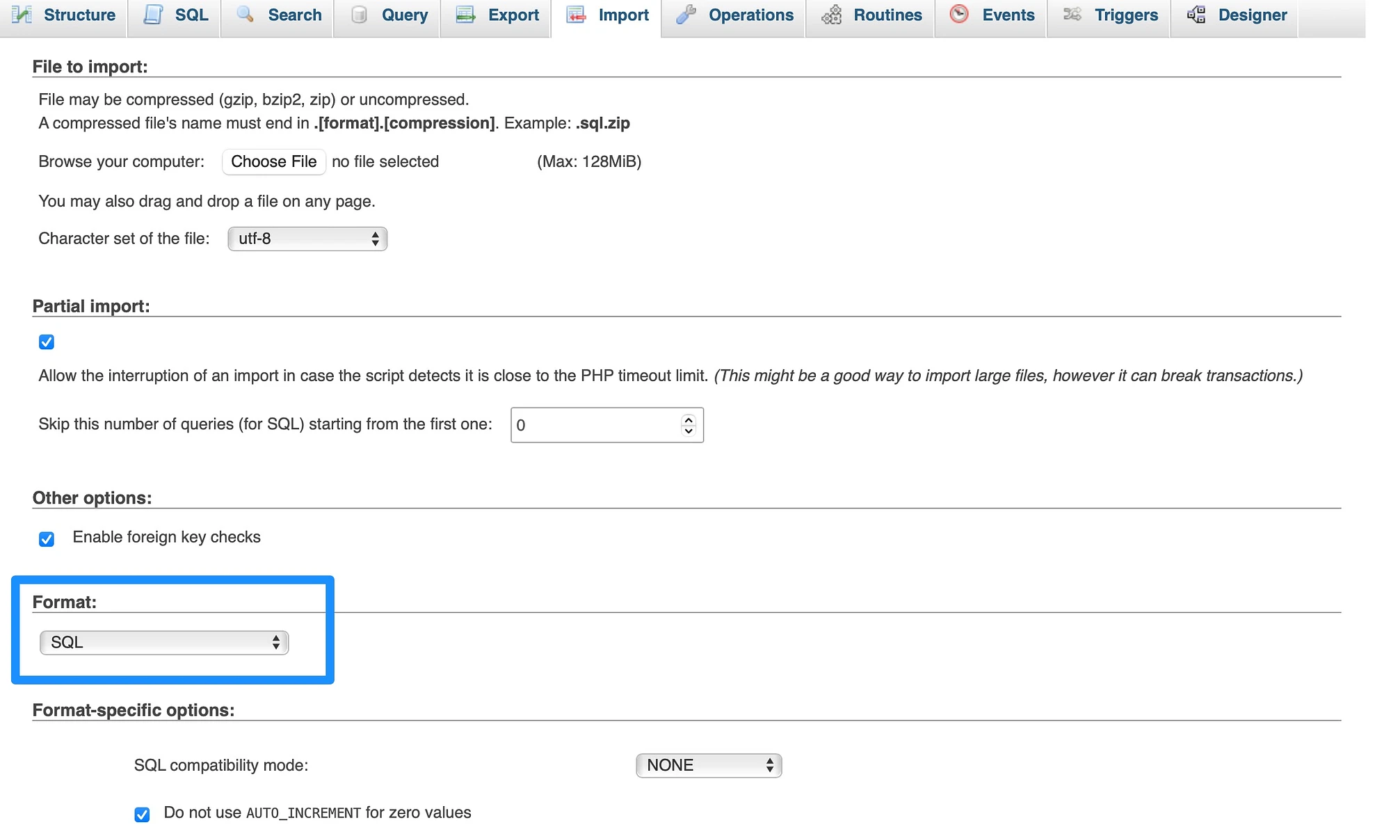 Importe o arquivo de backup para o phpMyAdmin.