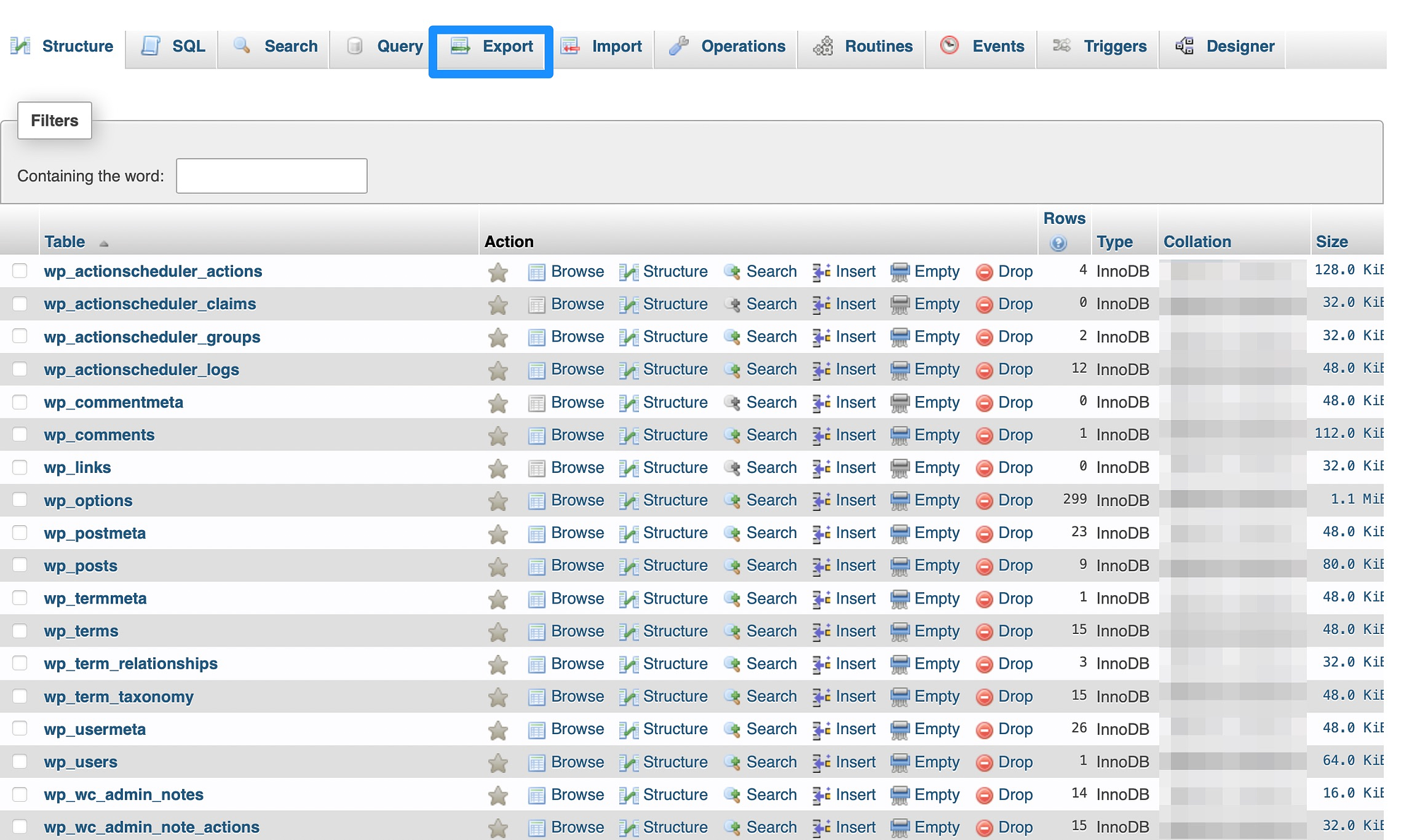 Exporte um backup de banco de dados WordPress usando phpMyAdmin.
