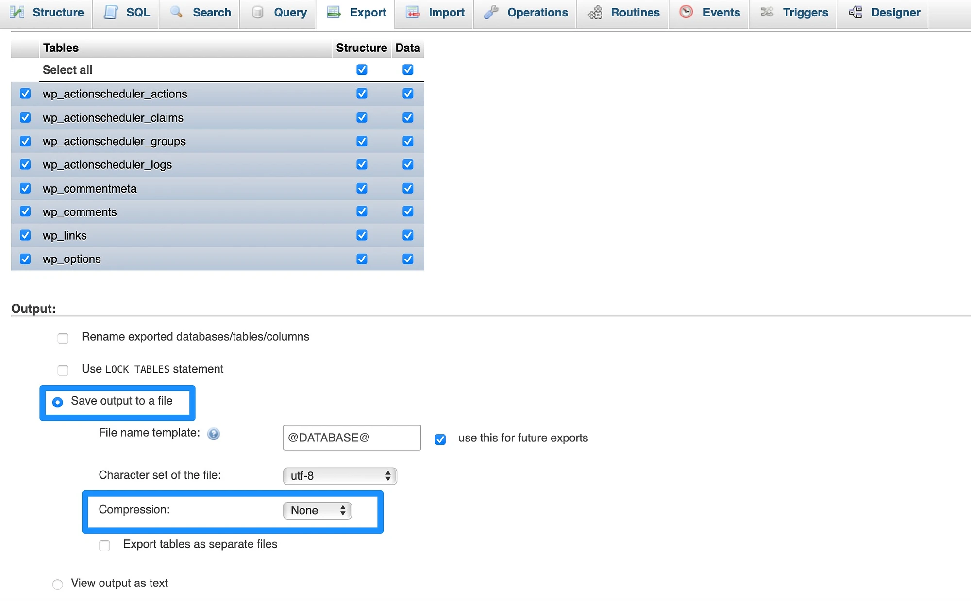 Exporte phpMyAdmin.