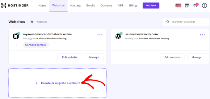 单击创建或迁移网站 Click create or migrate a website