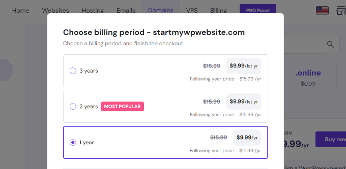选择计费周期 Select billing period