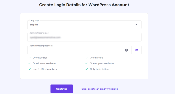 为新网站创建登录详细信息 Create login details for new website