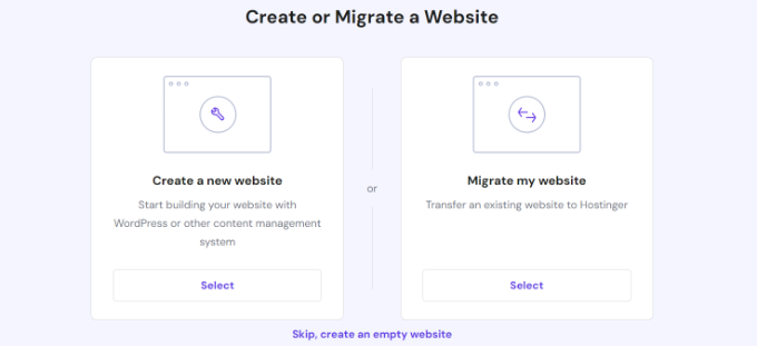 选择创建或迁移选项 Select create or migrate option