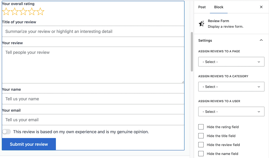 Site Reviews review form block