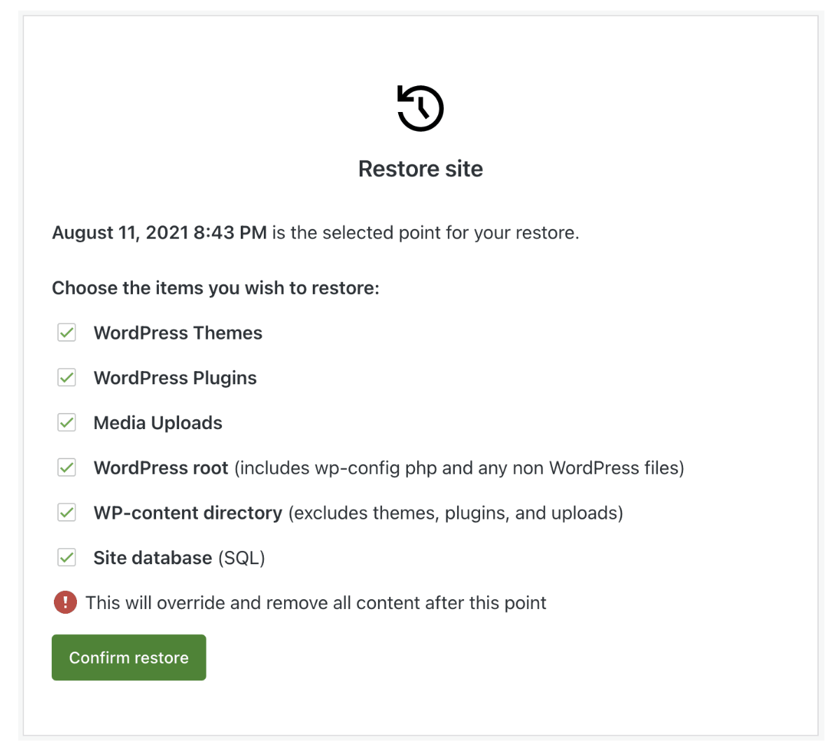 opzioni su cosa ripristinare con VaultPress Backup