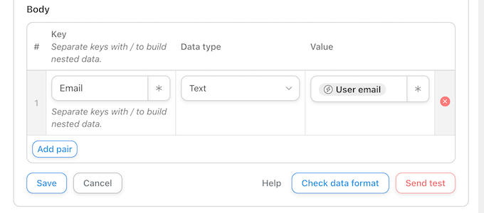 Adicionando pares chave/valor adicionais a um fluxo de trabalho do Uncanny Automator Adding additional key/value pairs to an Uncanny Automator workflow