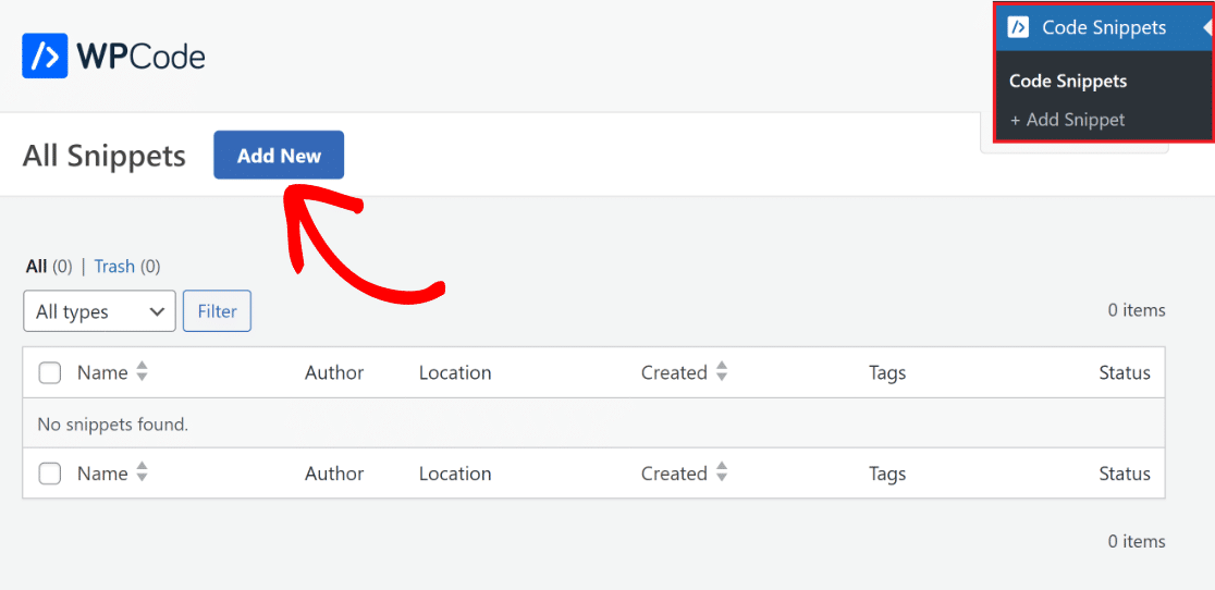 Add new snippet WPCode
