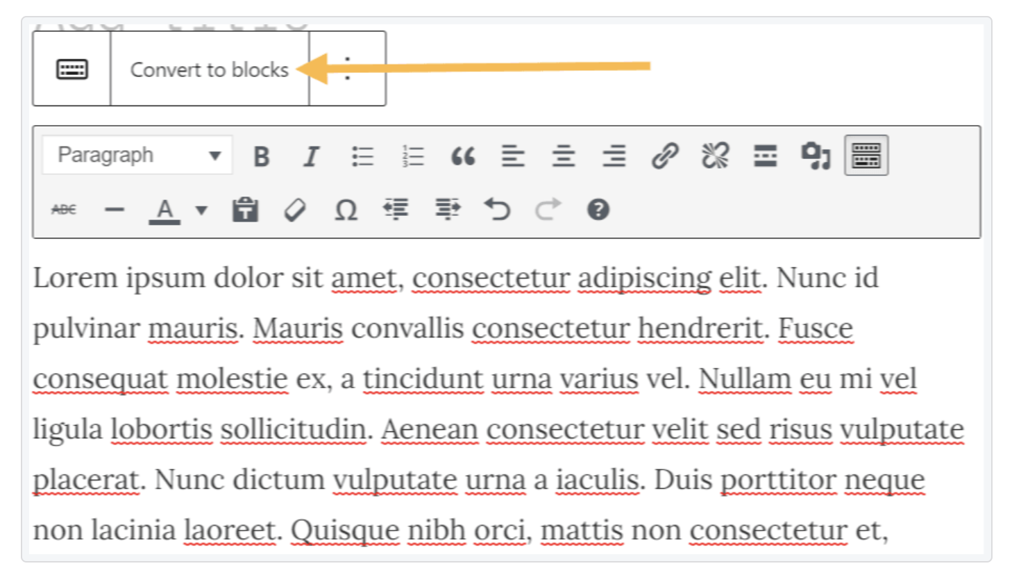 Po przejściu do edytora bloków treść utworzona za pomocą edytora klasycznego zostanie automatycznie zamieniona w blok klasyczny.