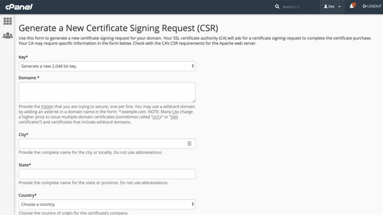 Algumas das etapas necessárias para adicionar um certificado SSL via cPanel.