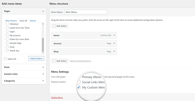 Emplacement du menu personnalisé Custom menu location