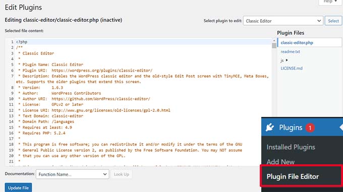 Éditeur de fichiers de plugin dans WordPress Plugin file editor in WordPress